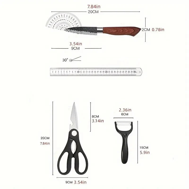 6 PCS Kitchen Knife Sets, Steel Kitchen Knives Set Tools Forged Kitchen Knife Scissors Ceramic Peeler Chef Slicer Knife Gift Case