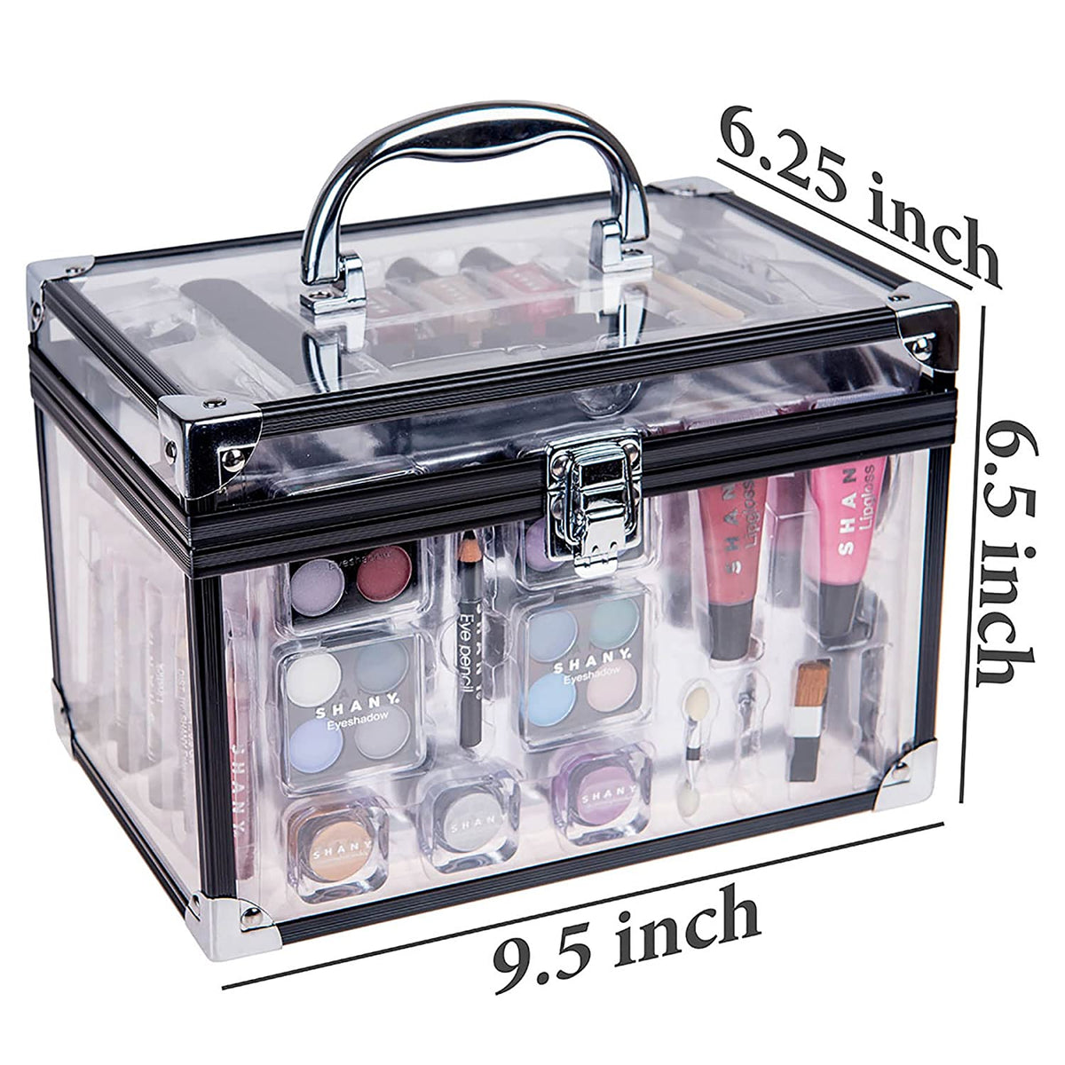 Carry All Trunk Makeup Train Case with Re-Usable Aluminum Beauty Storage Organizer Case. Make up Set with Eye Palettes, Blushes,Face Powders, Manicure, Pedicure and Cosmetics Brushes. GIFT SET