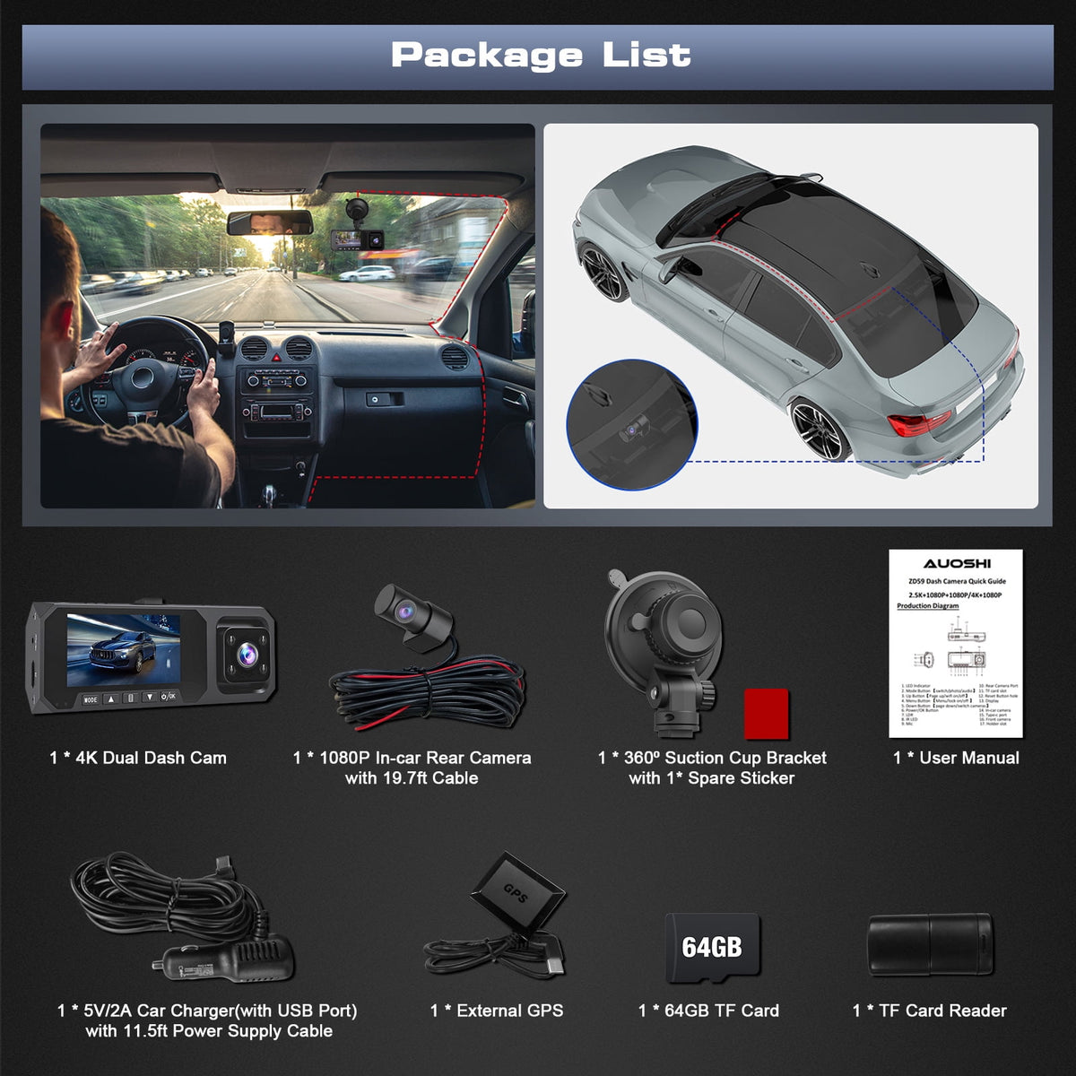 3 Channel Dash Cam Front and Rear, 4K/2.5K + 1080P Premium Car Camera