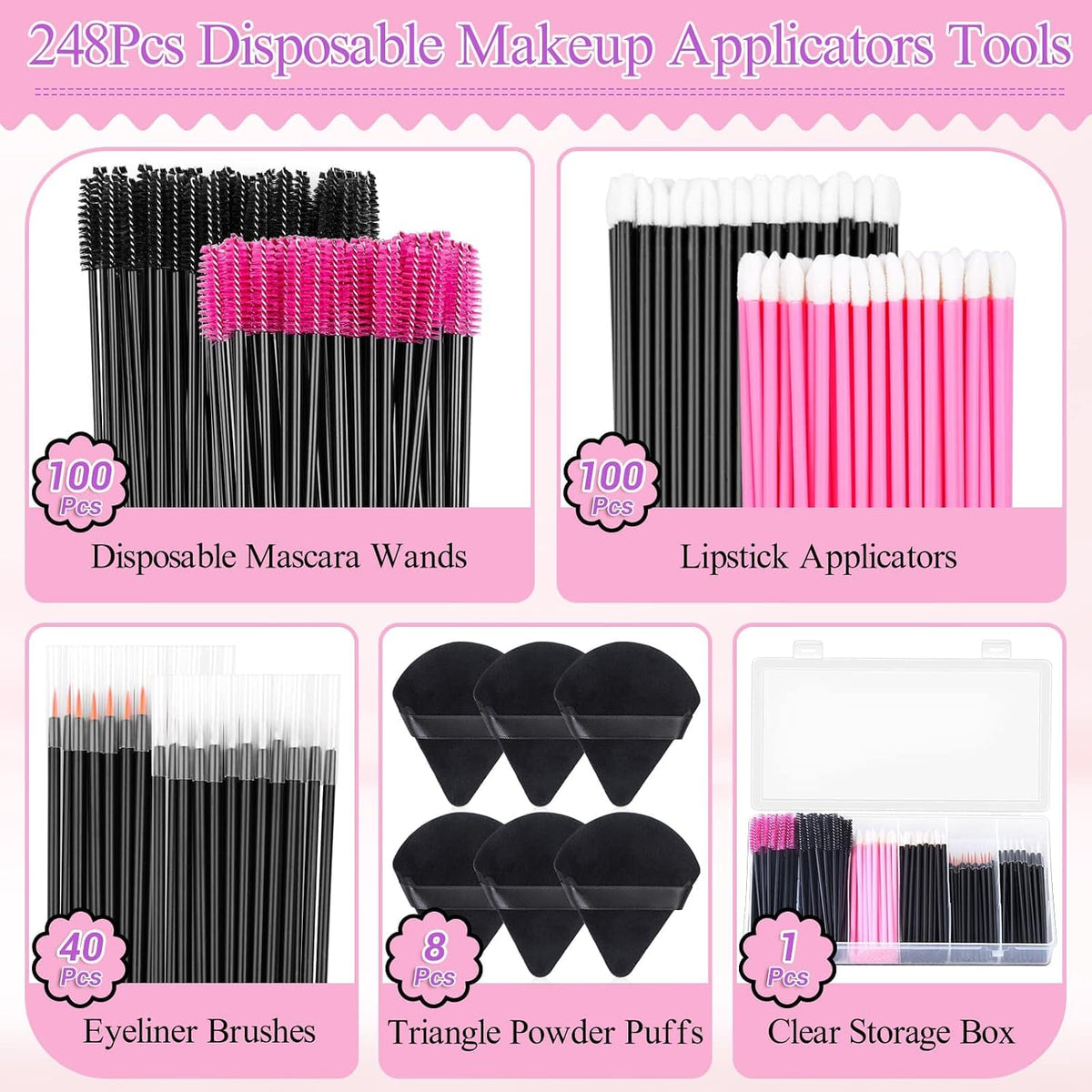 248 Pcs Disposable Makeup Applicators with Triangle Puffs, Mascara Wands, Lip/Eyeliner Brushes