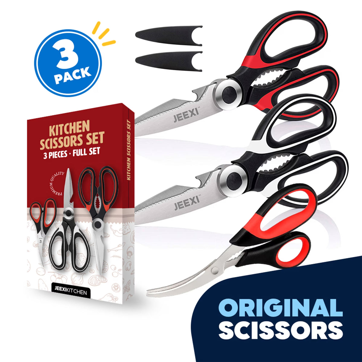 3 Pack Kitchen Scissors, Ultra-Sharp Premium Stainless Steel Heavy Duty Kitchen Shears & Multi Purpose Poultry Shears for Chicken, Poultry, Fish, Meat, Vegetables, Herbs, Bottle Opener, Nuts Cracker