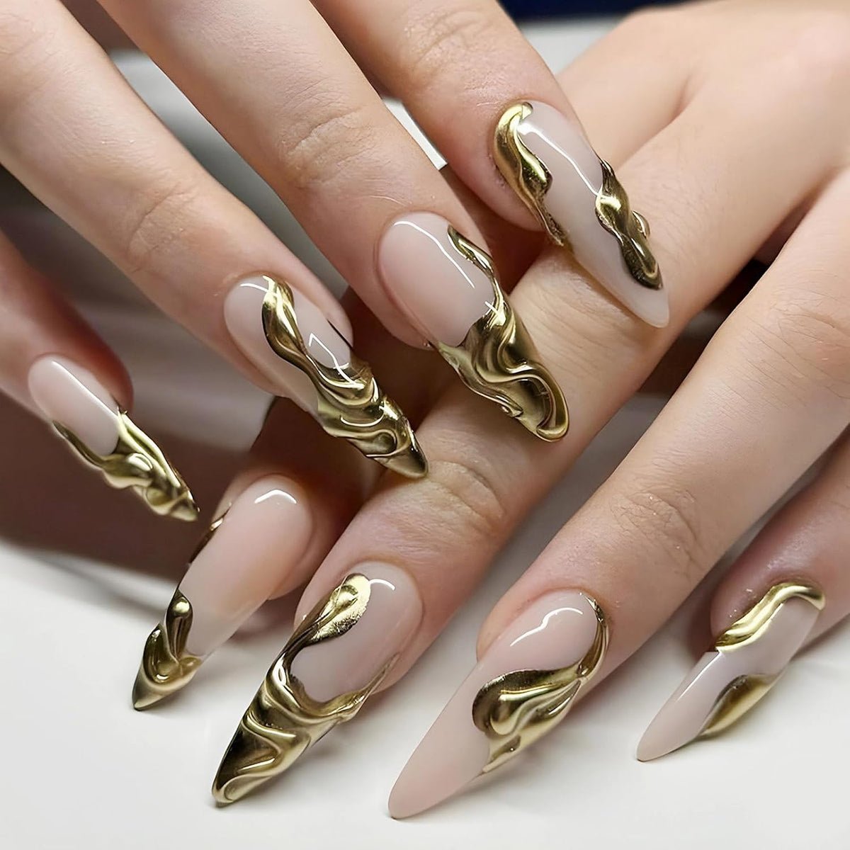 Press on Nails - Long Stiletto Fake Nails, Acrylic 3D Gold Chrome Design 24 Pcs