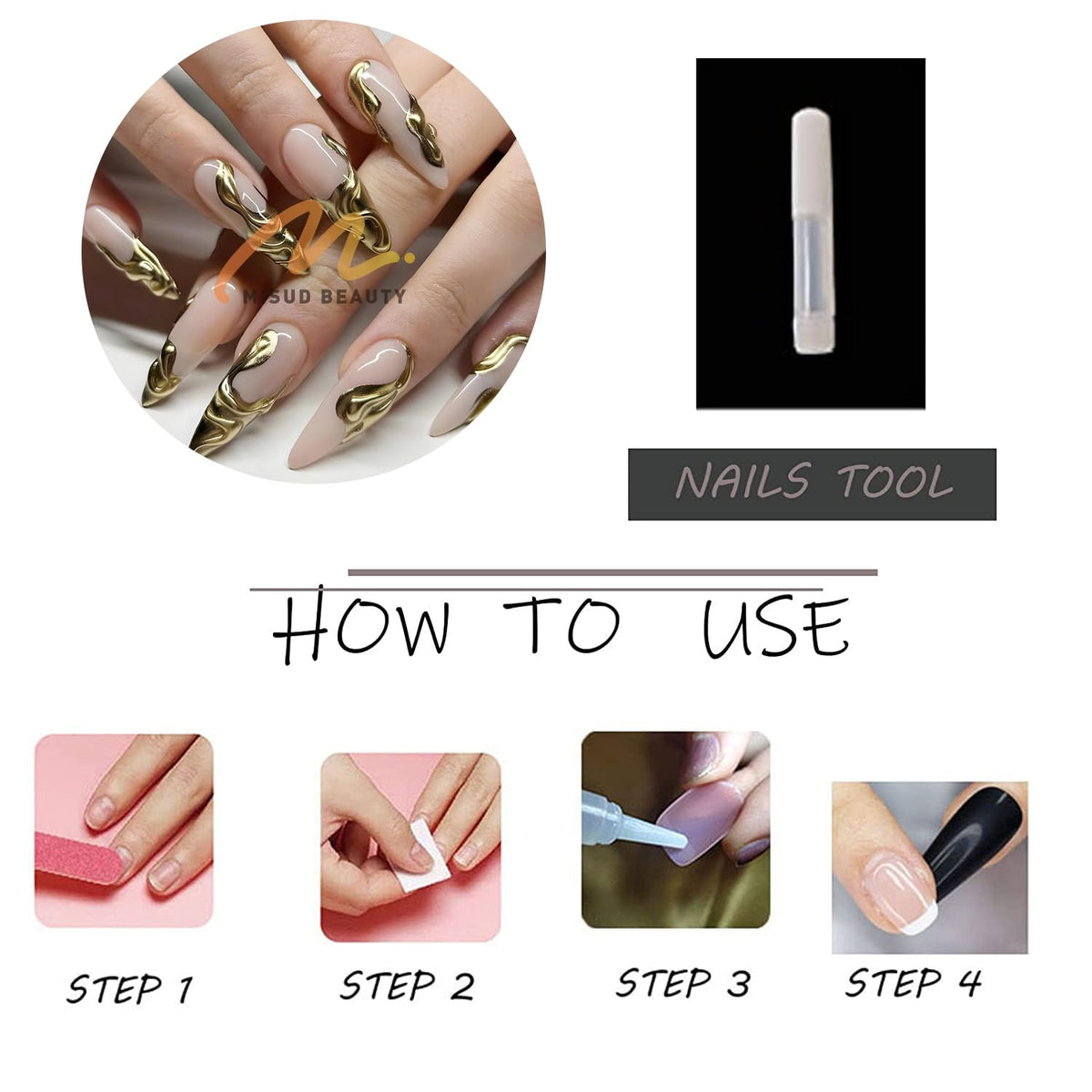 Press on Nails - Long Stiletto Fake Nails, Acrylic 3D Gold Chrome Design 24 Pcs