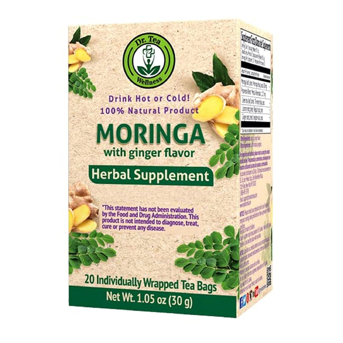 Wellness Moringa Herbal Tea with Ginger Flavor, Vegan, 20 Tea Bags