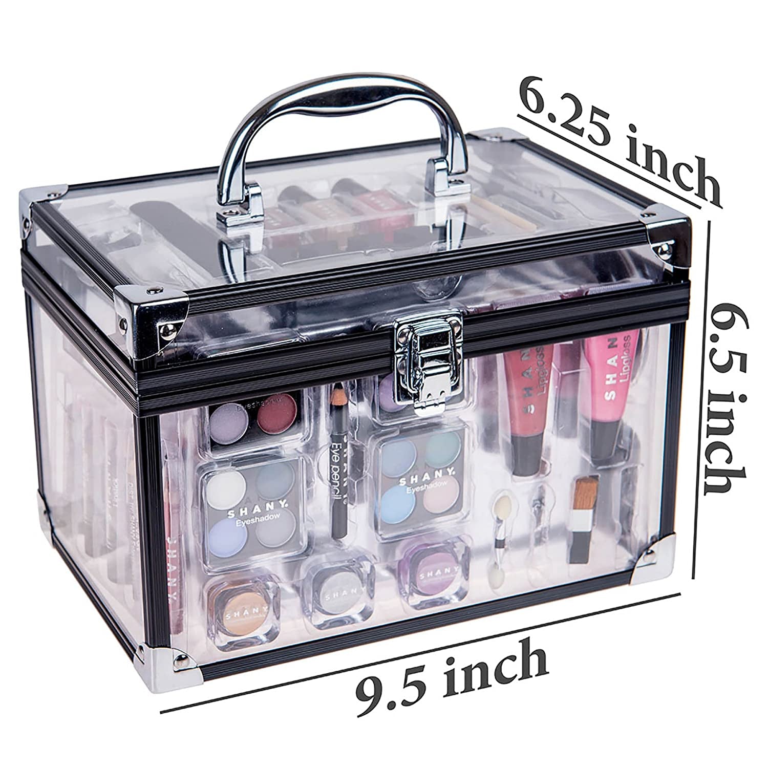 Carry All Trunk Makeup Train Case with Re-Usable Aluminum Beauty Storage Organizer Case. Make up Set with Eye Palettes, Blushes,Face Powders, Manicure, Pedicure and Cosmetics Brushes. GIFT SET