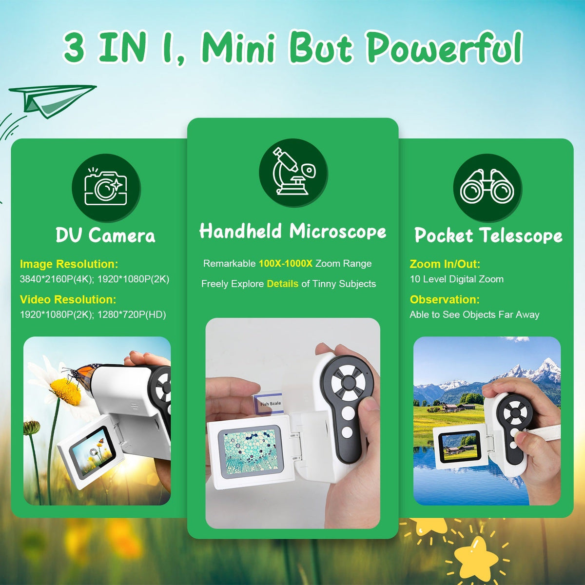 1Pc 3 in 1 Kids Microscope Telescope Camera 1,000X Handheld USB Mini Microscope