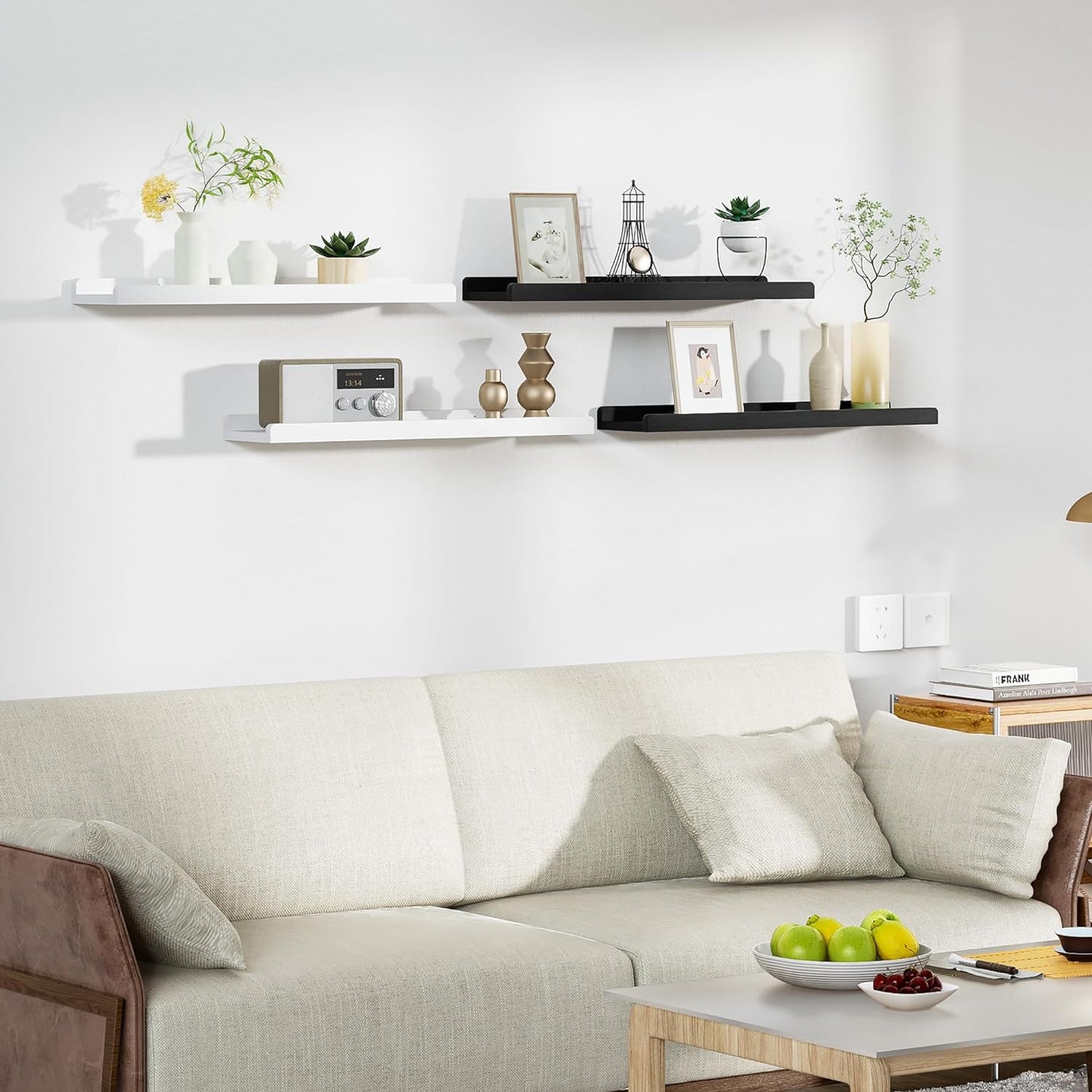 24" Black Floating Wall Shelves with Lip,Solid Wood,Set of 4
