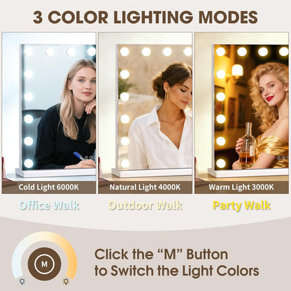 Vanity Mirror with Lights,Makeup Mirror with 17 Dimmable LED Bulbs, 3 Color Lighting Modes Detachable 10X Magnification Mirror Touch Control, 23.6X19,7 Inch, White