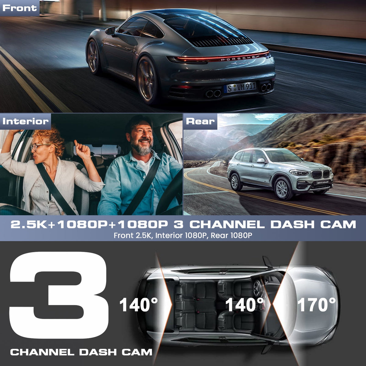 3 Channel Dash Cam Front and Rear, 4K/2.5K + 1080P Premium Car Camera 