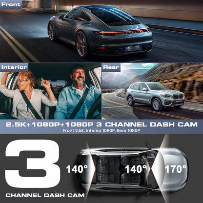 3 Channel Dash Cam Front and Rear, 4K/2.5K + 1080P Premium Car Camera 