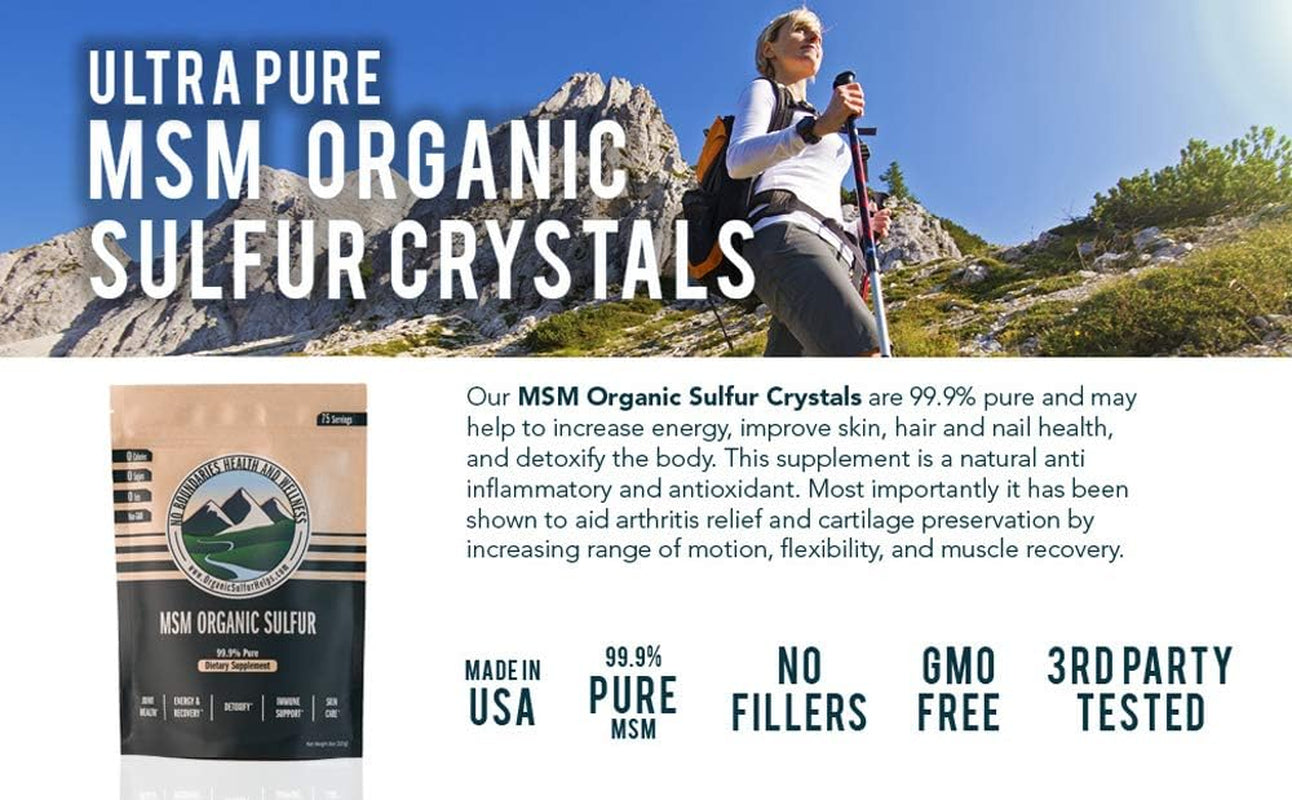 MSM Organic Sulfur Crystals by No Boundaries Health and Wellness – All-Natural, Premium Health Supplement: 99.9% Pure MSM – Benefits: Joint Pain, Allergies, Skin, Hair & Nail Health – No Fillers