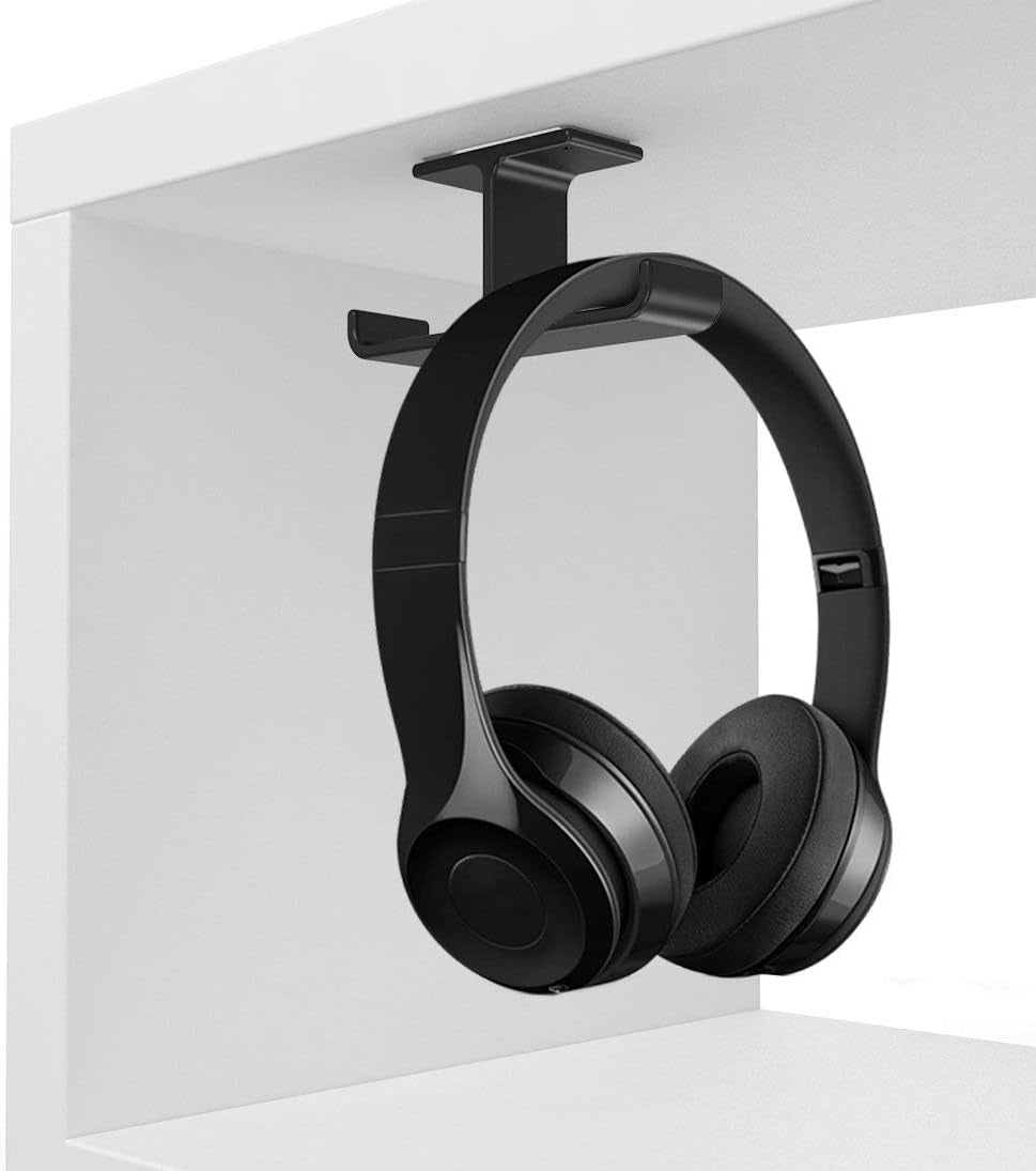 Dual Headphone Hanger Stand for under Desk, Aluminum Adhesive Headset Hook Mount with Screw Option