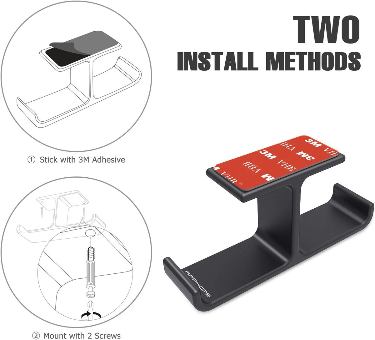 Dual Headphone Hanger Stand for under Desk, Aluminum Adhesive Headset Hook Mount with Screw Option