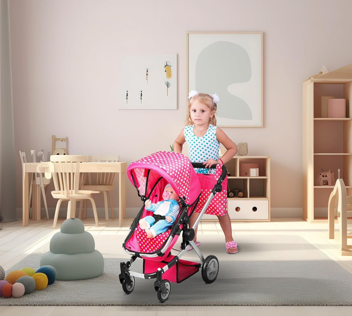 Foldable Pram for Baby Doll with Polka Dots Design with Swiveling Wheel Adjustable Handle