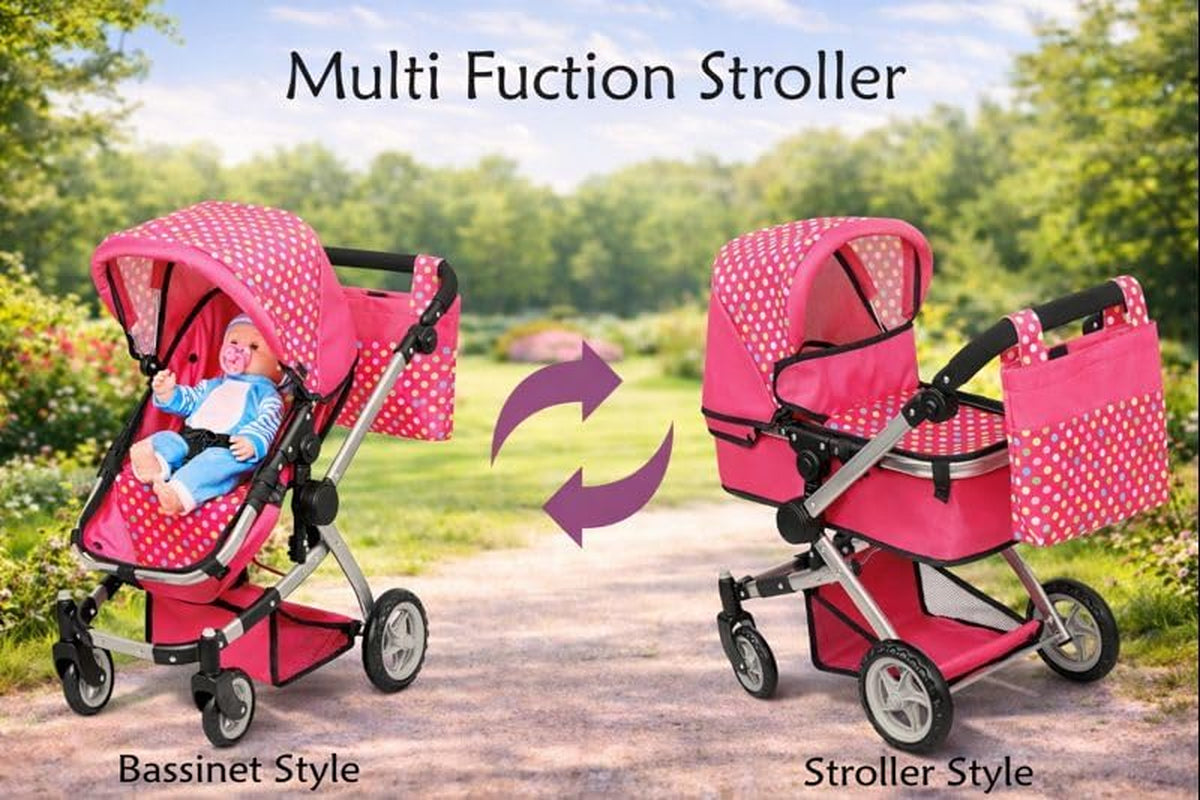 Foldable Pram for Baby Doll with Polka Dots Design with Swiveling Wheel Adjustable Handle