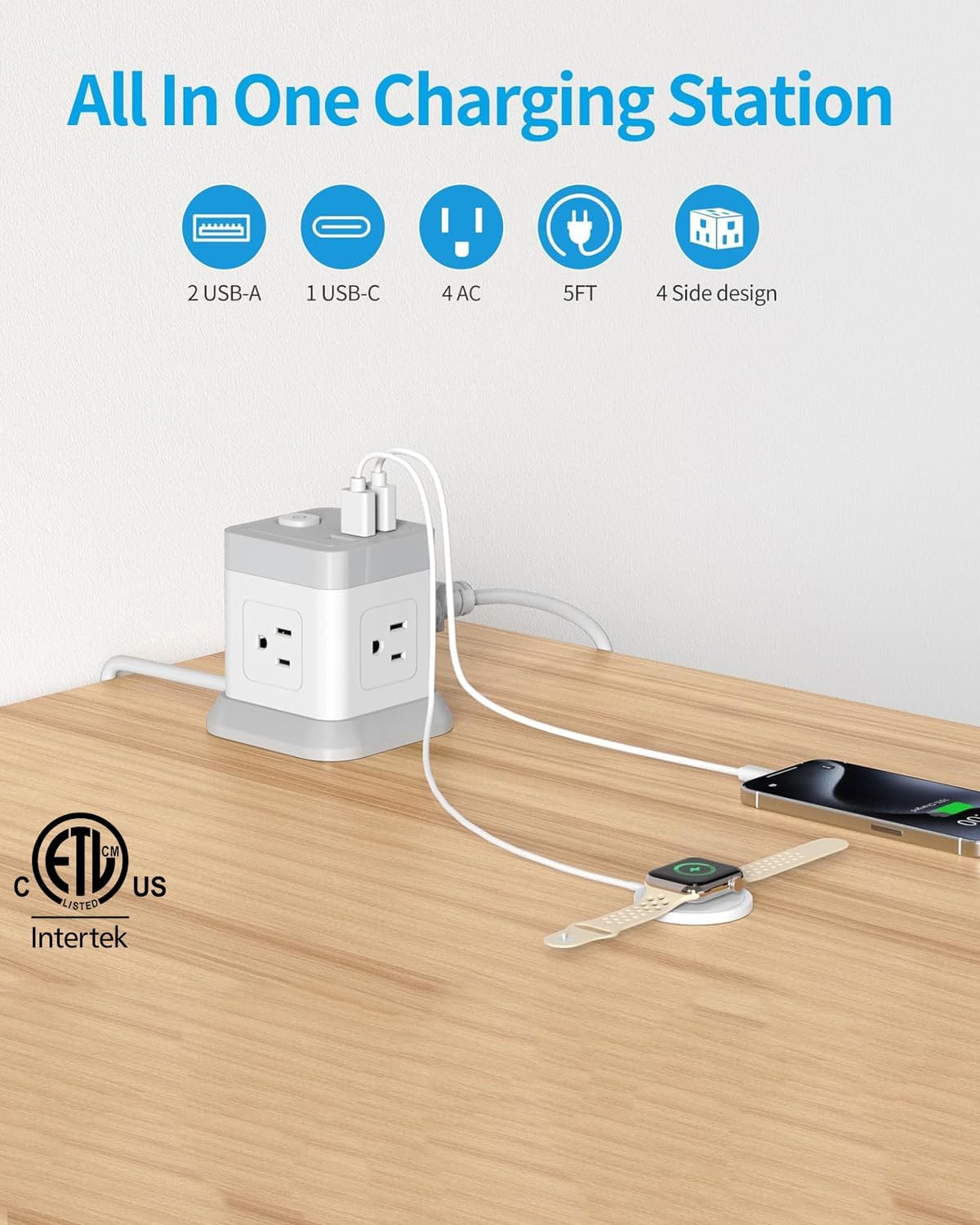 Power Strip USB C, 4 Outlets 3 USB Ports 5 FT Extension Cord White