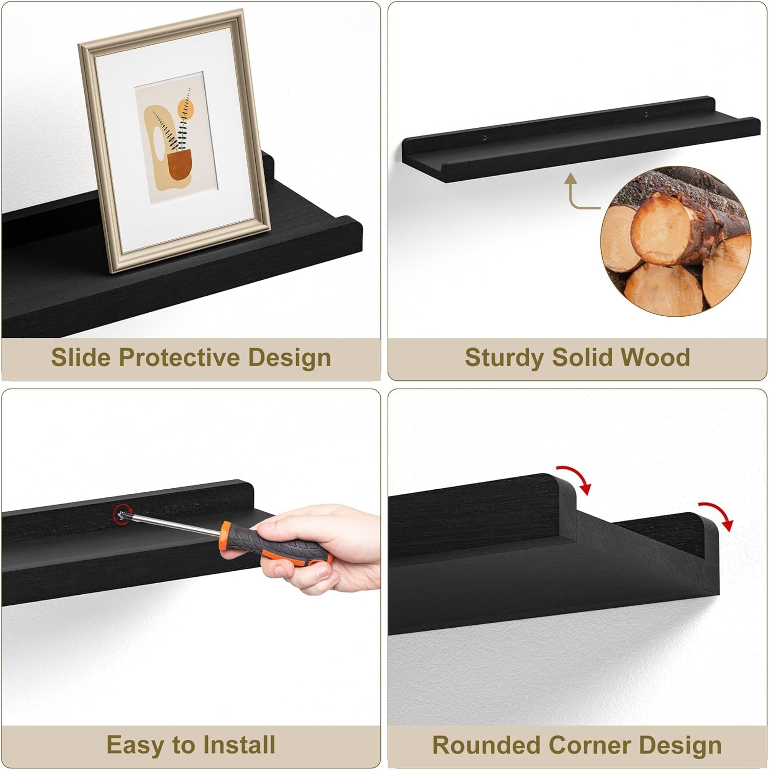 24" Black Floating Wall Shelves with Lip,Solid Wood,Set of 4
