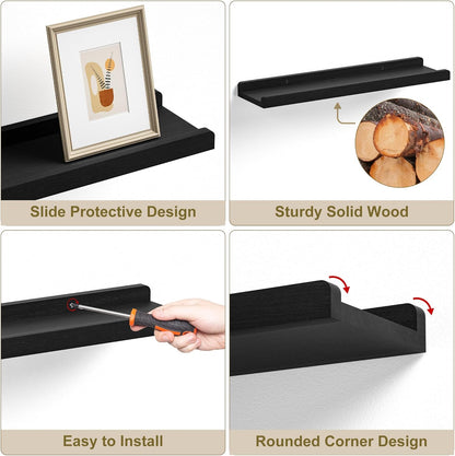 24" Black Floating Wall Shelves with Lip,Solid Wood,Set of 4