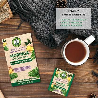 Wellness Moringa Herbal Tea with Ginger Flavor, Vegan, 20 Tea Bags