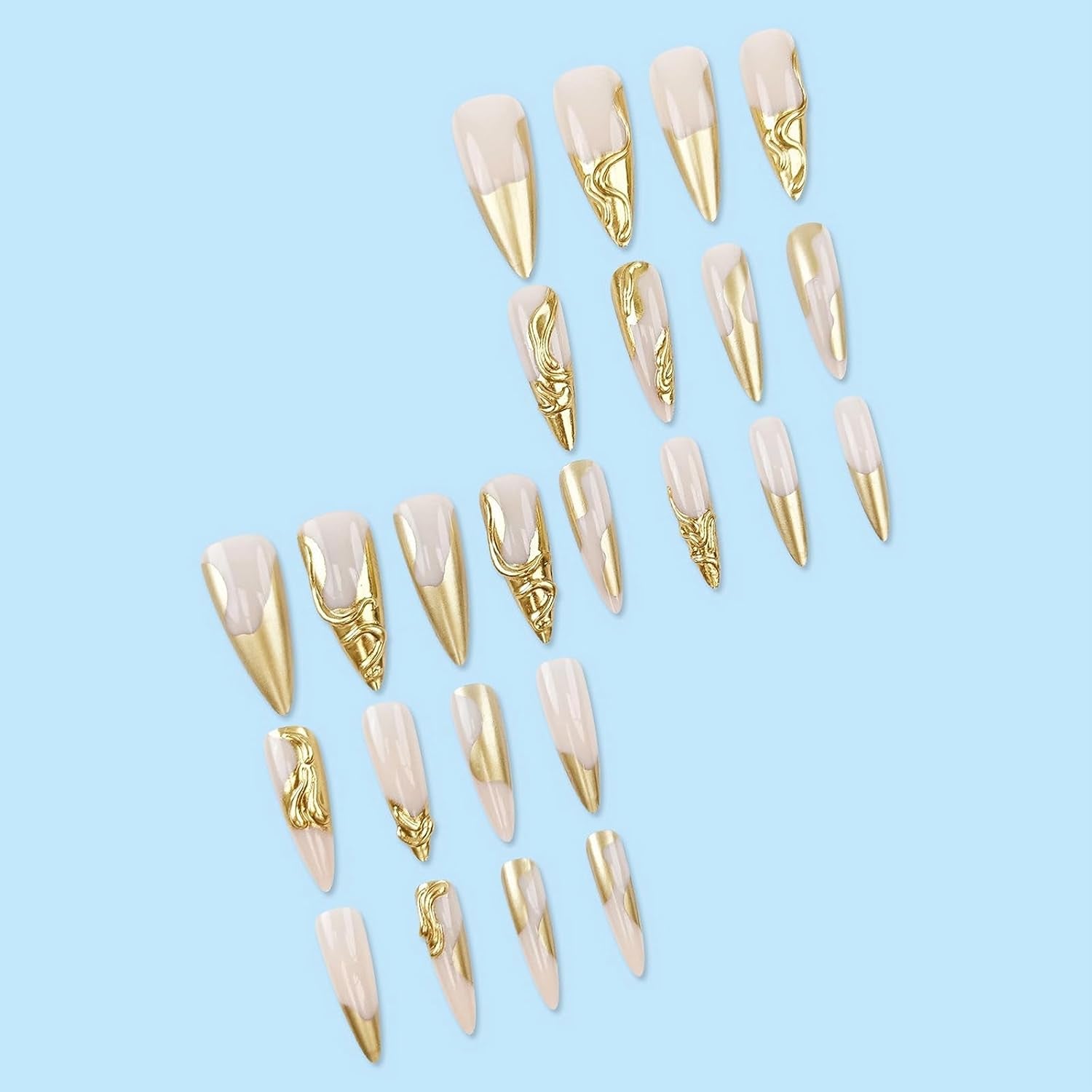 Press on Nails - Long Stiletto Fake Nails, Acrylic 3D Gold Chrome Design 24 Pcs