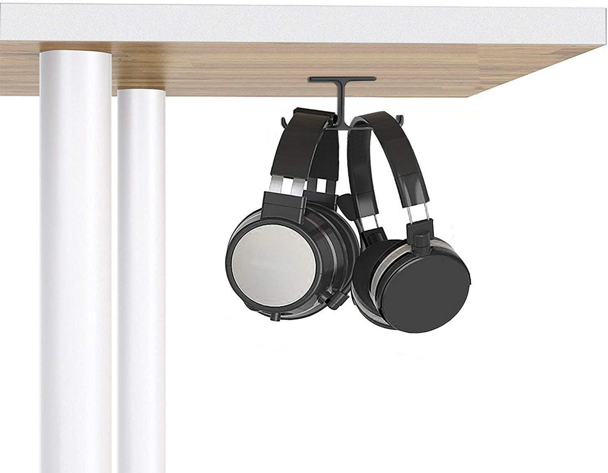 Dual Headphone Hanger Stand for under Desk, Aluminum Adhesive Headset Hook Mount with Screw Option
