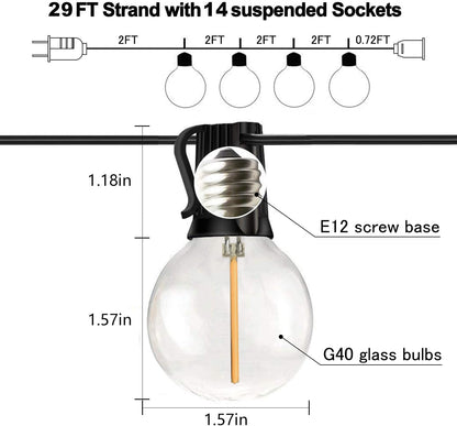 29FT Outdoor String Lights, G40 Globe LED Dimmable Patio Lights