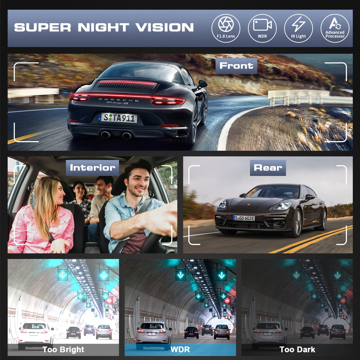 3 Channel Dash Cam Front and Rear, 4K/2.5K + 1080P Premium Car Camera 