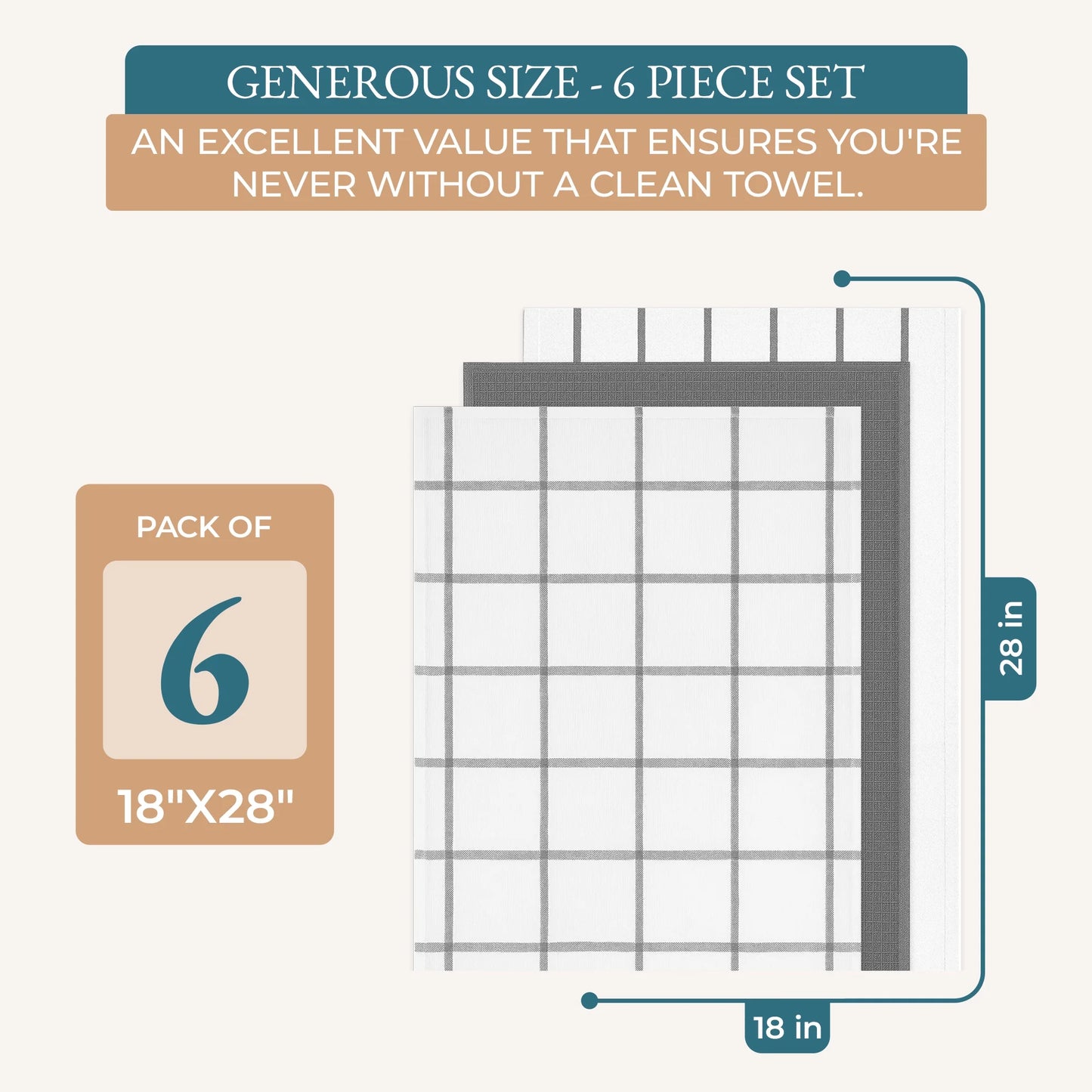 Kitchen Towels Set - Pack of 6 Cotton Dish Towels for Drying Dishes, 18”X 28”, Kitchen Hand Towels, Quick Drying Kitchen Towel Set - Grey