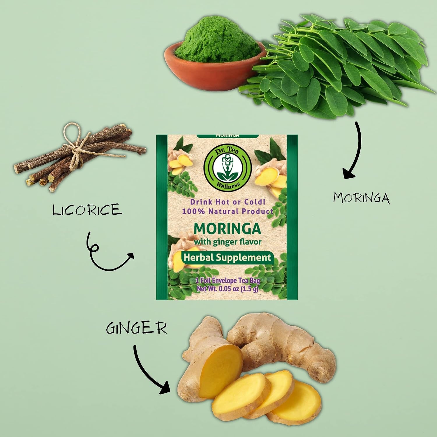 Wellness Moringa Herbal Tea with Ginger Flavor, Vegan, 20 Tea Bags
