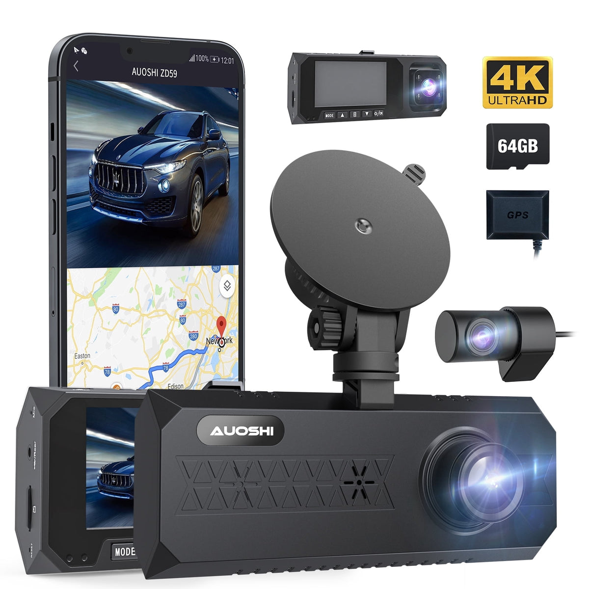 3 Channel Dash Cam Front and Rear, 4K/2.5K + 1080P Premium Car Camera 