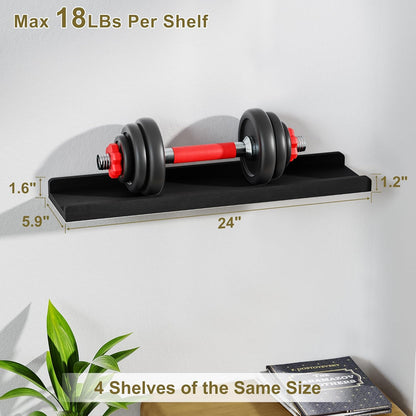24" Black Floating Wall Shelves with Lip,Solid Wood,Set of 4