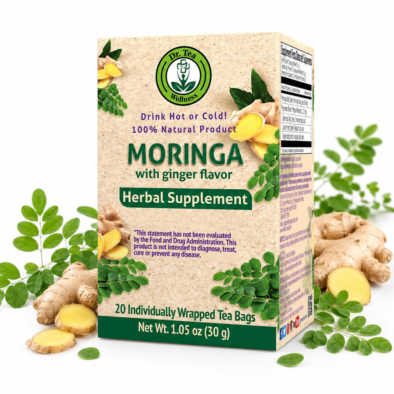 Wellness Moringa Herbal Tea with Ginger Flavor, Vegan, 20 Tea Bags