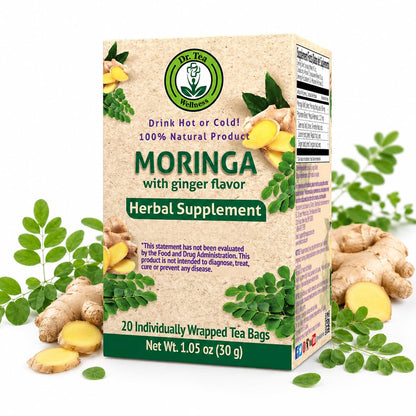 Wellness Moringa Herbal Tea with Ginger Flavor, Vegan, 20 Tea Bags