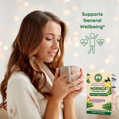 Wellness Moringa Herbal Tea with Ginger Flavor, Vegan, 20 Tea Bags