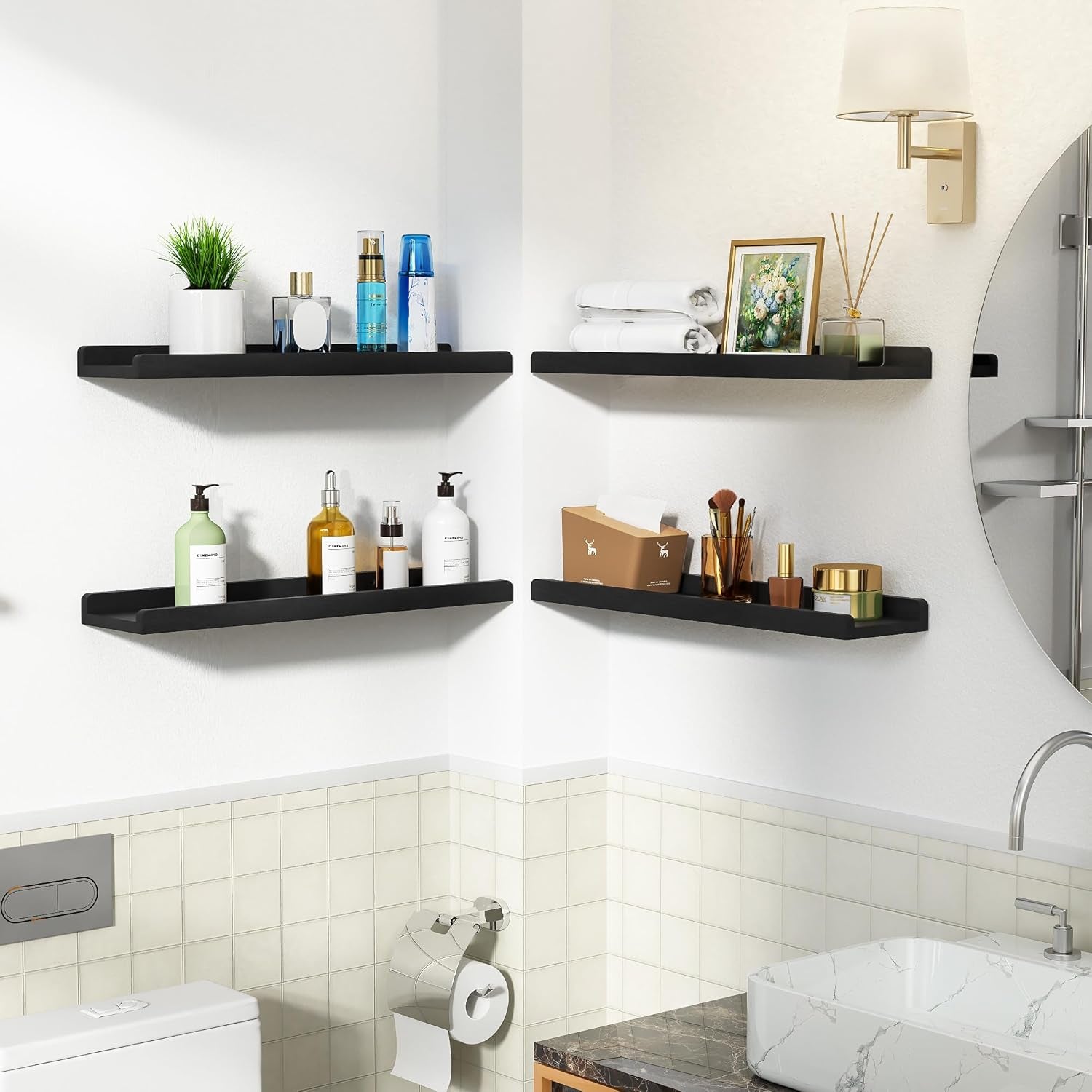 24" Black Floating Wall Shelves with Lip,Solid Wood,Set of 4