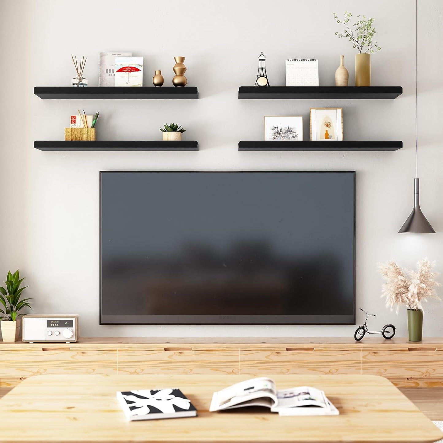 24" Black Floating Wall Shelves with Lip,Solid Wood,Set of 4