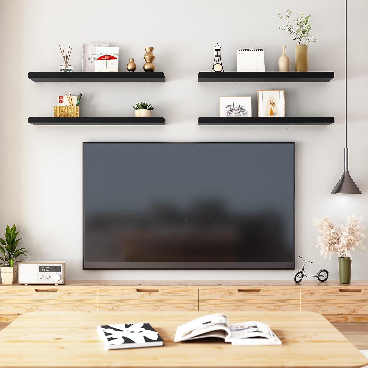 24" Black Floating Wall Shelves with Lip,Solid Wood,Set of 4