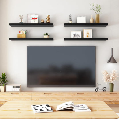 24" Black Floating Wall Shelves with Lip,Solid Wood,Set of 4