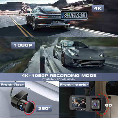 3 Channel Dash Cam Front and Rear, 4K/2.5K + 1080P Premium Car Camera 