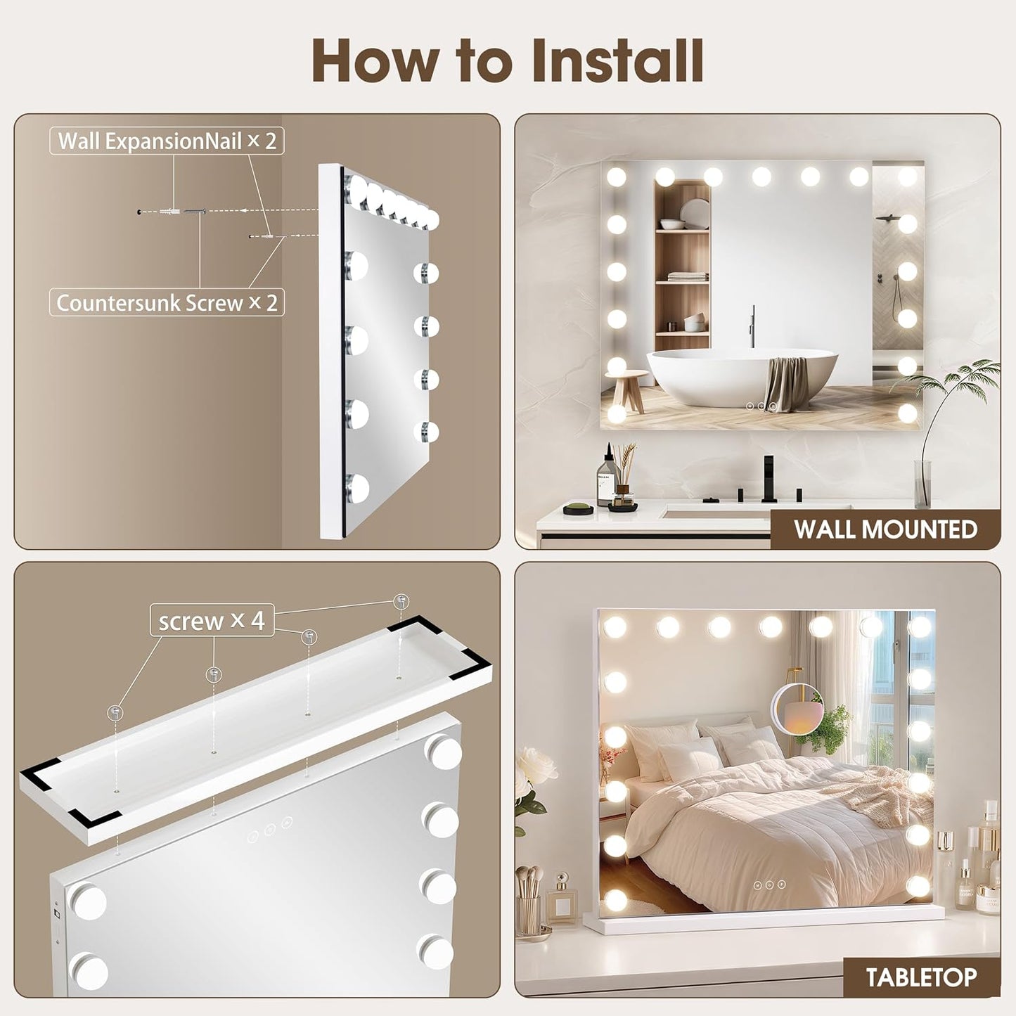 Vanity Mirror with Lights,Makeup Mirror with 17 Dimmable LED Bulbs, 3 Color Lighting Modes Detachable 10X Magnification Mirror Touch Control, 23.6X19,7 Inch, White
