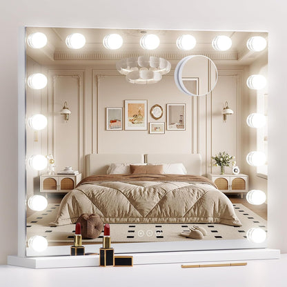 Vanity Mirror with Lights,Makeup Mirror with 17 Dimmable LED Bulbs, 3 Color Lighting Modes Detachable 10X Magnification Mirror Touch Control, 23.6X19,7 Inch, White