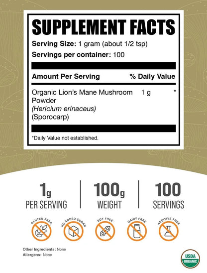 Bulksupplements Organic Lion'S Mane Mushroom Powder - Lion'S Mane Mushroom Supplement, Vegan & Gluten Free, 1G per Serving , 100G (3.5 Oz)